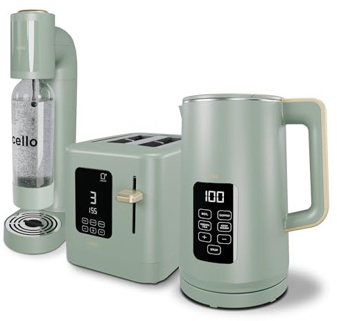 Sage Green 800W 2 Slice Toaster, 1.7L 3000W Digital Kettle, Sparkling Water and Soda Maker | Digital Control Panel with Countdown Timer, BPA-Free Auto Shut-off Electric Temperature Control Kettle