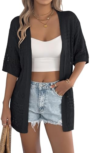 Ausing Damkofta sommar lätt kofta jacka lång elegant skjortjacka halv ärm festlig topp tunn lång blusjacka mjuk bekväm andas S-2XL, svart, L