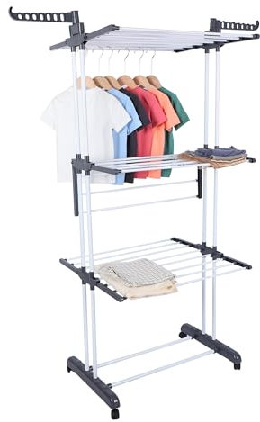 CORIBI- Etendoir Linge, 4 Niveaux Grande Sechoir a Linge Pliable avec Roues, Acier Inoxydable,Seche Linge Etendoir pour Intérieur et Extérieur, Couleur Gris
