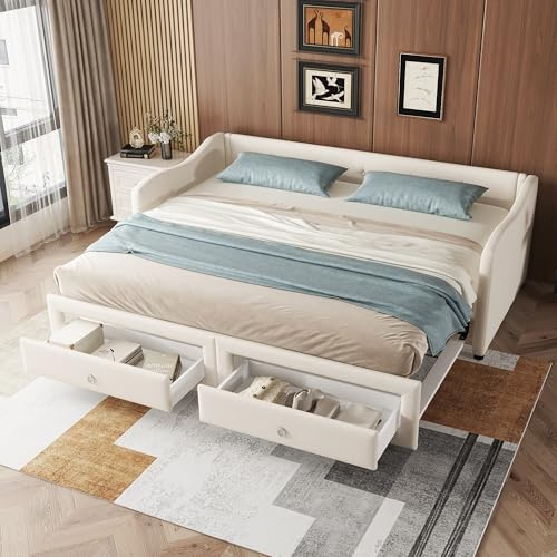 Oxtao Daybettt 90 x 200 cm letto con letto estraibile, divano letto con due cassetti, letto singolo, lino, stile minimalistico, senza materasso (beige)