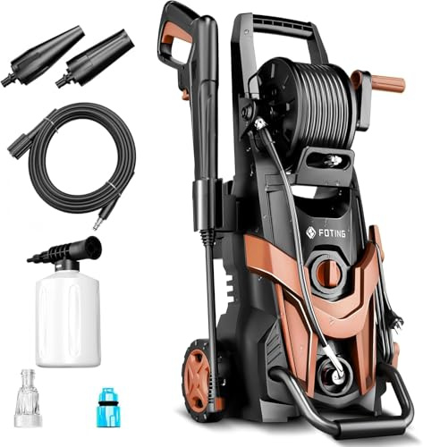 Hidrolimpiadora de Alta Presión Máx. 180 Bar, Caudal Máx. 420 l/h, Boquilla 6-in-1, 50 m²/h, con Lanza, Manguera y Depósito de Espuma 500 ml, para Coche, Jardín y Hogar