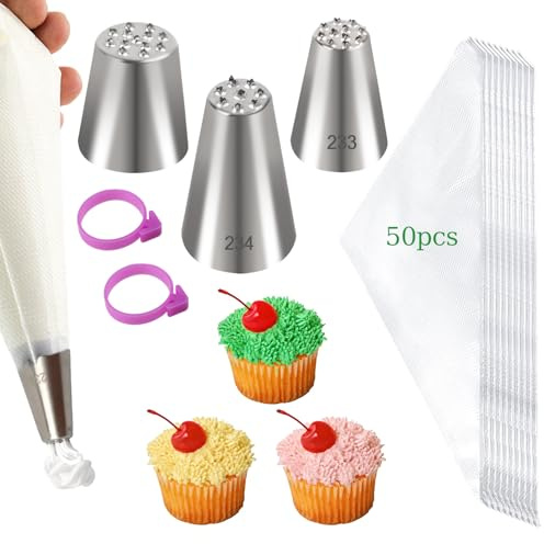 Set di 55 sac à poche usa e getta, con 3 beccucci in acciaio inox 304, piccoli beccucci per erba, 2 fascette in silicone, accessori per siringhe per torte e cottura