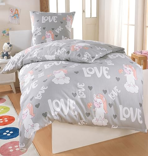 Sconosciuto Dreamhome24 100% cotone fine di biancheria da letto in flanella ragazza Unicorno principessa Pony 135 X 200, 100% cotone, Einhorn-love, 135 x 200 cm
