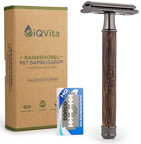 iQVita® Premium Rasierhobel mit Griff aus Bambus - Rasierer Damen - inkl. 10 Rasierklingen - Nassrasierer - geschlossener Kamm - umweltfreundlich & nachhaltig - Zero Waste - inkl. eBook