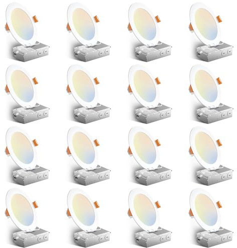 Amico 16 Pack 6 Inch 5CCT Ultra-Thin LED Recessed Ceiling Light with Junction Box, 2700K/3000K/3500K/4000K/5000K Selectable, 12W Eqv 110W, Dimmable Can Light, 1050LM High Brightness Downlight - ETL