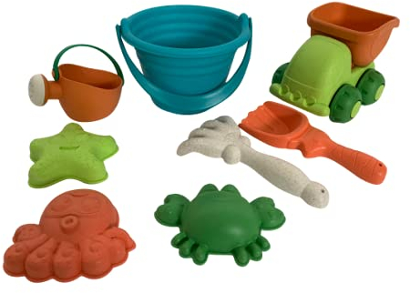 Kinder Sandspielzeug, umweltfreundlich aus Weizenstroh, 8 Teile, Strandspielzeug inklusive LKW, Eimer, Gießkanne, Sandförmchen, Wasser Spielzeug Set für Strand Sandkasten Garten Badewanne