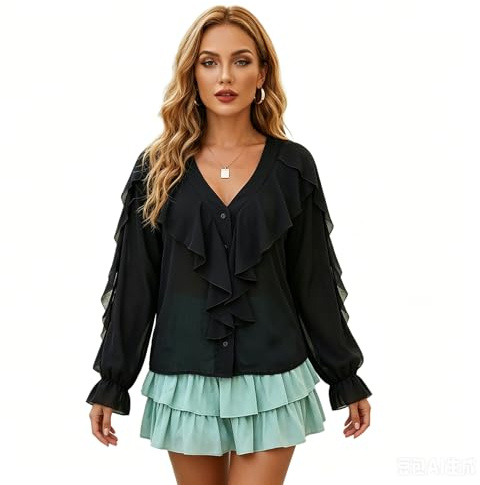 Loalirando Camicia Donna con Manica Lunga Blusa Elegante Scollo a V Sexy Camicetta da Ufficio Casual (Nero, XXL)