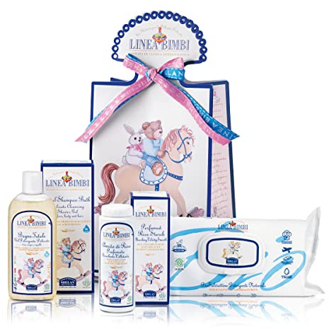 Helan, Línea Bimbi – Juego de baño para niños con champú y gel de ducha de almendras dulces (250 ml) y almidón de arroz con aloe vera (75 g), 60 toallitas