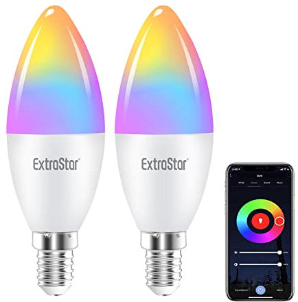 EXTRASTAR Ampoules Wifi Connectées LED C37 compatible avec Alexa et Google Home, 6W Equivalent à 48W, Ampoule Dimmable Couleur WiFi RGB 2700-6500K Blanc Chaud et Blanc Froid 600LM, Lot de 2
