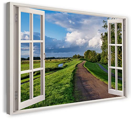 Print on Canvas (120x80 cm) view from the window - street landscape nature summer clouds - nature photography, real wood frame with hook