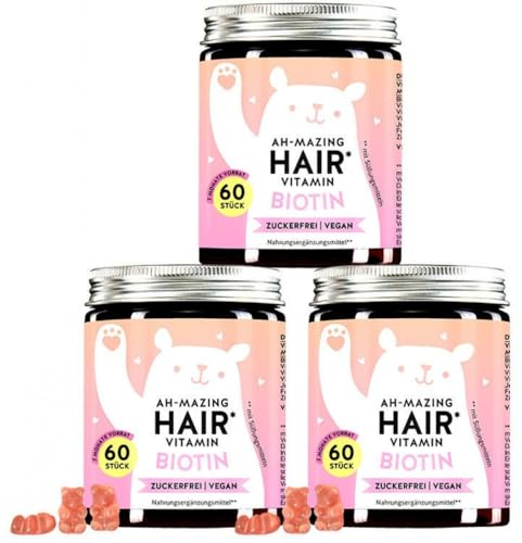 Biotin-Gummibärchen Ah-mazing Hair, 3er-Pack - Vitamine für Haare, Haut und Nägel – 5000 µg Biotin, Zink, Vitamin C, E & Jod – 180 Stück (8-Monatsvorrat), Vegan, Zuckerfrei, Bears with Benefits