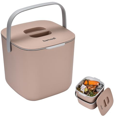 Bamodi Organic Bin 7L Peach mit Deckel und 2 Fächer - Bio-Abfalleimer für die Küche für den täglichen Abfallbehälter in Pfirsichfarbe – Geruchsdicht - Ideal für Kompost und Kleiner Abfalleimer
