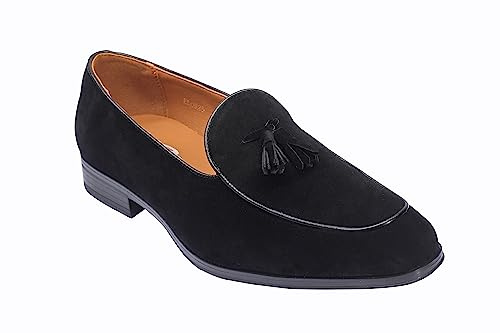 Mens Smooth Faux Suede Leather Tassel Loafers Smart Casual Dress Slip on Shoes [EL0825-BLACK-10]