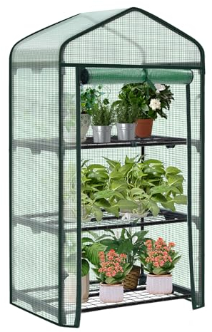 WOLTU Serra da Giardino a 3 Ripiani, Serra da Balcone con Porta Avvolgibile, Telo in PE Impermreabile, Tetto a Punta, Telaio in Metallo Verde, 69x49x125 cm