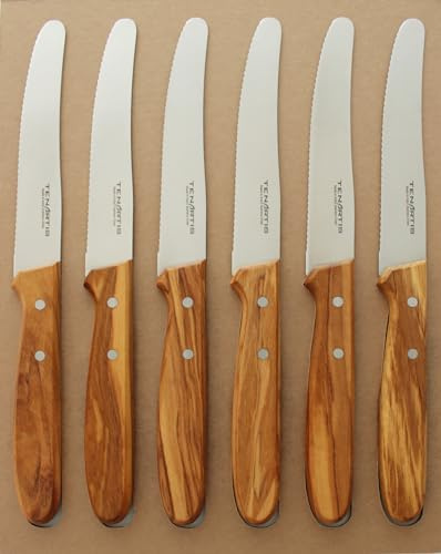 Tenartis Set 6 Couteaux de Table, Steak, Pizza, Fruits lame 11 cm Manche en Bois d'Olivier Emballage Eco Fabriqués en Italie