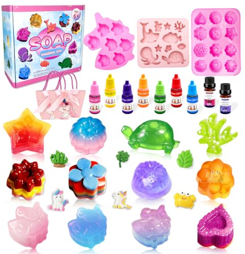 Nlsqw Kit para Hacer Jabones Artesanales,Jabones Artesanales Hacer kit para Niños p-ara Jabón de 500 g, 23 Formas, 2 Bolsas de Regalo y Herramientas Set par-a Cumpleaños par-a Niños