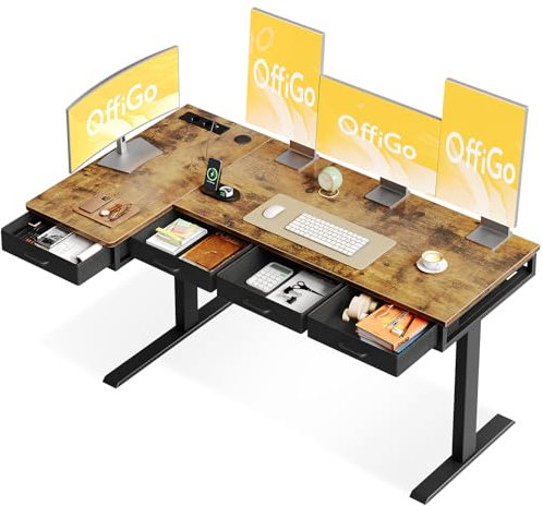 OffiGo Eckschreibtisch Höhenverstellbar, 160x80 cm Höhenverstellbarer Schreibtisch mit 4 Schublade, Elektrischer Tisch L Form mit Steckdose für Büro und Arbeitszimmer, Groß Ecktisch Vintage Braun
