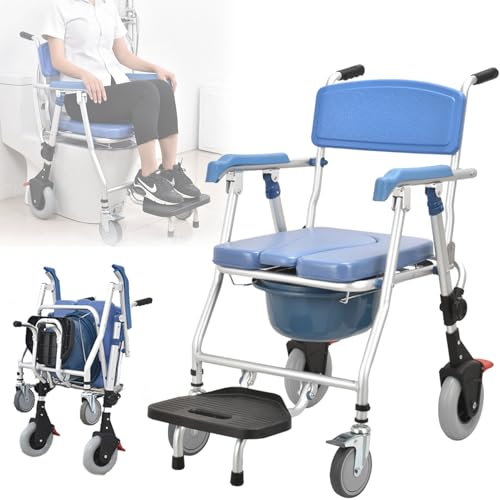 LSRFXF Sedia da Toilette per Doccia da Bagno, Sedia da Toilette Pieghevole sul Comodino con Sedile Imbottito, Rotelle Bloccabili Sedia Pieghevole Portatile per Anziani Incinti