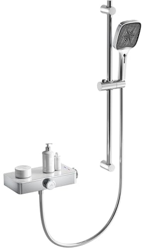 JONKEAN Duscharmatur mit Thermostat, Duscharmatur Komplettset mit Ablage, 70 cm Höhenverstellbar Duschstange mit Brause, 4 Strahlarten Handbrause, Duschkopf Rail kit mit 1,5m Schlauch (Stil B, Chrom)
