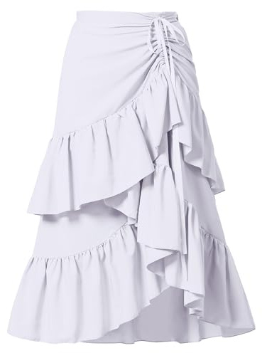 CAMDOM Kvinnors lager volang kjol hög låg asymmetrisk fåll midikjol dragsko midja en linje blommig sommarkjol, Vitt, XL/XXL