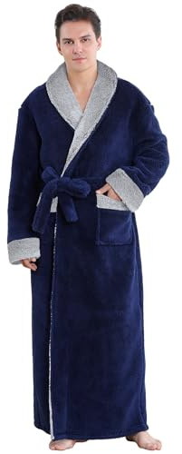 ZAKASA Peignoir Robe de Chambre Homme: Peignoir Long de Bain Polaire Hiver Chaud Robe Pilou Pilou Doux Idéal pour Noël Cadeau Bleu Taille M