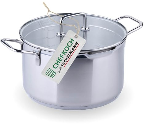 Chefkoch trifft Fackelmann Cooking Pot with Glass Lid Diameter 24 cm - Made of Premium Stainless Steel with Aluminium Core, for All Hobs Including Induction