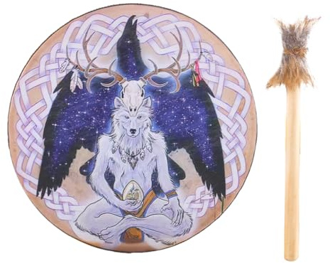 Shaman Handtrummor – 23 cm ljudläkare, trumma, autentisk varghuvuddesign, traditionellt, lätt bärbart instrument | Spirit musiktillbehör för meditationsreflektion shamanisk rituell ceremoni