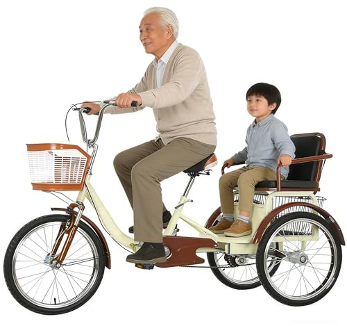 Triciclo a Pedali Rickshaw per Adulti, Bici a 3 Ruote Da 20 Pollici per Anziani, Doppia Catena, Doppio Freno, Bici Tandem per Coppie/Genitori/Figli Con Cestino Posteriore per Svago,Shopping Beige