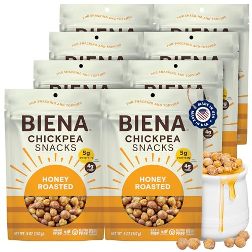 BIENA Chickpea Snacks - Crunchy Roasted Chickpeas - High Fiber Protein Snacks for Adults and Kids - 8-Pack, 5 Ounce Bags - Honey Roasted