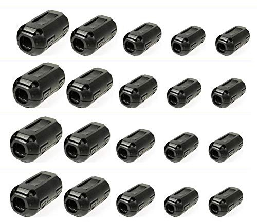 20pcs Clip-on Ferrite Chokes Ring Core RFI EMI Noise Suppressor High-frequency Filter Clips Clamp Bead Anti-interference for USB Data Loudspeaker Cable 3.5mm, 5mm, 7mm, 9mm, 13mm Each of 4 PCS