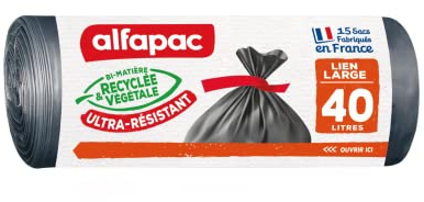 ALFAPAC - Sacs Poubelle à Lien Large - Ultra-Résistant - 74% Recyclé et 15% Végétal - Fabrication Française - 15 x 40L, Noir