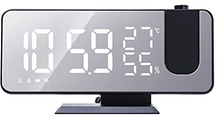 Réveil à projection radio-piloté avec LED réglable - Volume réglable de 0 à 15 niveaux - Grand écran LED avec mesure de l'humidité - Projection haute définition