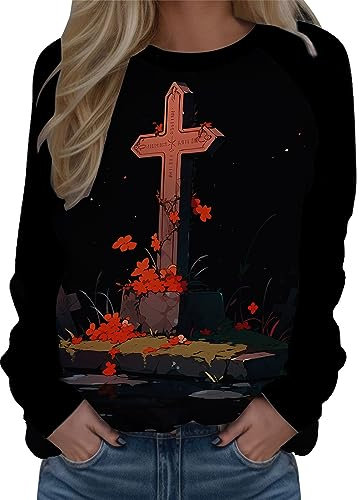 Wanderschuhe Damen Kik Online Shopping Kleid Bauchfrei Frauen Herbst Und Winter Lässige Mode Rundhals Halloween Lustige Druck DREI Sleeve T Shirt Top Damen Pullover Schwarz Elegant