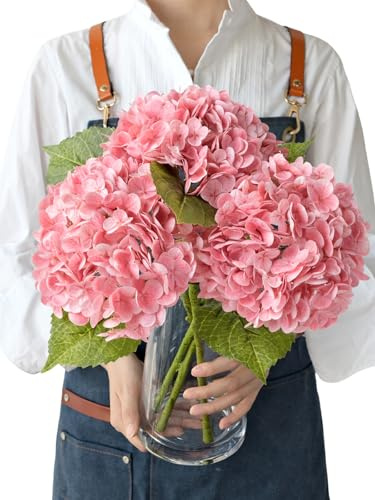 JINWOE Rosa hortensior, konstgjorda blommor i och silke, 3 st, 53 cm / 21 tum, känns äkta, hortensior för jul, kök, hem, bröllopsbukett, bordsuppsats, bord