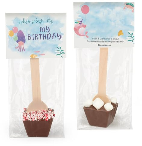 12 Pcs Birthday Hot Chocolate Spoons Gourmet Milk Chocolate Favors with Mini Marshmallows (12 Pack) Mermaid Party Favors & Gifts