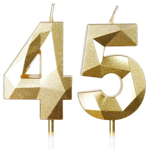 Velas de cumpleaños número 45, velas doradas, vela de cumpleaños para pastel, vela de feliz cumpleaños, decoración de pastel para fiesta de cumpleaños, boda, aniversario, celebración
