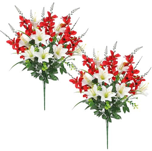 Briful 2-pack Artificial Flowers for Graves, White Lily Flower Bouquet Silk Flowers Red Artificial Flowers Like Real, Faux Lily Bush for Indoor Outdoor Decorations