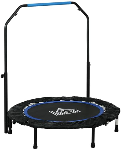 HOMCOM 102 cm Fitness-Trampolin, Faltbares Mini-Trampolin mit vierfach höhenverstellbarem Haltegriff, Fitness-Rebounder für Erwachsene, bis 150 kg, Schwarz+Blau