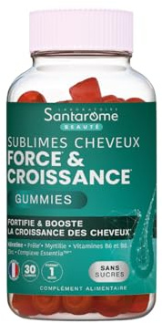 Santarome Bio - Sublimes Cheveux Force & Croissance - Complément alimentaire pousse cheveux - Prêle, Myrtille, Vitamines B6, B8, Zinc - 30 Gummies - Sans sucres - France