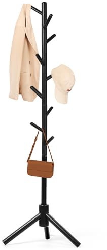 Relquorax Garderobenständer Buchenholz, Jackenständer, Kleiderständer, Baumförmige Garderobe mit 9 Haken, 3 Höhenverstellungen, freistehender-Mantelständer für Kleidung, Hüte, Schals, Taschen(Schwarz)
