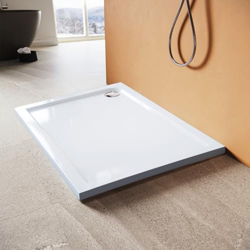 SUNXURY Duschwanne 120x70 cm Rechteckig Duschbecken aus Acryl in Weiß Duschtasse flach Duschwanne komplett inkl. Ablaufgarnitur Ø 90 mm