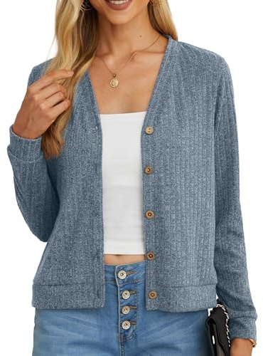 GRECERELLE Cardigan court tricoté pour femmes été manches longues col en V boutonné vêtement léger pour l'extérieur écharpe cache-épaules boléro pour dames, bleu clair, L