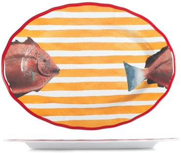 H&H, Piatto ovale Marea, in melamina decorata Ø 46 cm- Righe Bianche e Gialle, Bordo e Decoro Pesce Rosso - Lavabile in lavastoviglie.