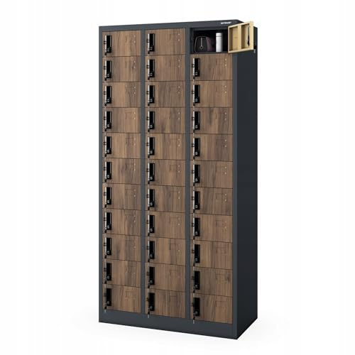 Jan Nowak Schließfachschrank 3B11A mit 33 Fächern Metallschrank Wertfachschrank Fächerschrank Spind Metall Pulverbeschichtung 185 cm x 90 cm x 45 cm (Anthrazit-Holz)
