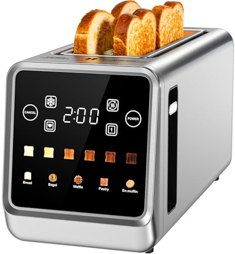 Toaster 4 Slice Long Slot for Bagels & Artisan Bread, Digital Smart Touch Screen with Memory Function & Single-Slice Modes | 6 Toast Settings & 5 Bread Types | Defrost & Reheat | Stainless Steel