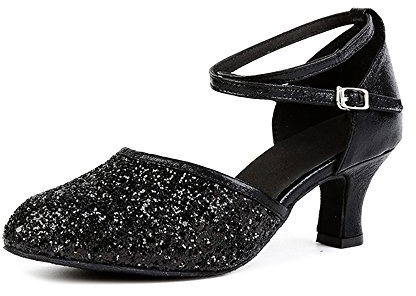 OCHENTA Womens Sequined Leather Pointed Toe Kitten Heel Latin Ballroom Dance Shoes Rubber Black-UK 6-Tag 41