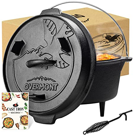 Overmont Camp Dutch Oven Pre Seasoned Cast Iron Lid Also a Skillet Casserole Pot with Lid Lifter for Camping Cooking BBQ Baking 6QT(Pot+Lid)