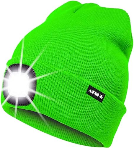 ATNKE LED Lighted Beanie Cap,USB Rechargeable Running Hat Ultra Bright 4 LED Waterproof Light Winter Warm Gifts for Men and Women/Fluorescent Green