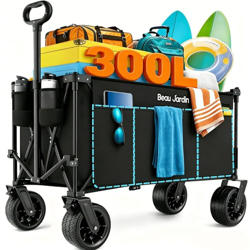 BEAU JARDIN XXL Carro Playa Plegable 300L 200 kg con Freno – Ruedas Grandes 18cm x 10cm, Mango Ajustable – para Jardín, Camping, Mercado y Transporte
