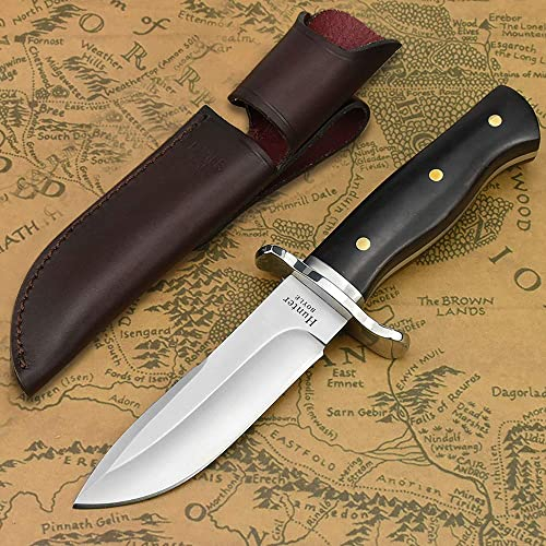 NedFoss HUNTER Couteau de Chasse, Lame Fixe en Acier D2, 11.3CM Survie Avec Étui en Cuir, Manche en Ébène, Collection, Idéal Pour le Camping, la Chasse, les Cadeaux